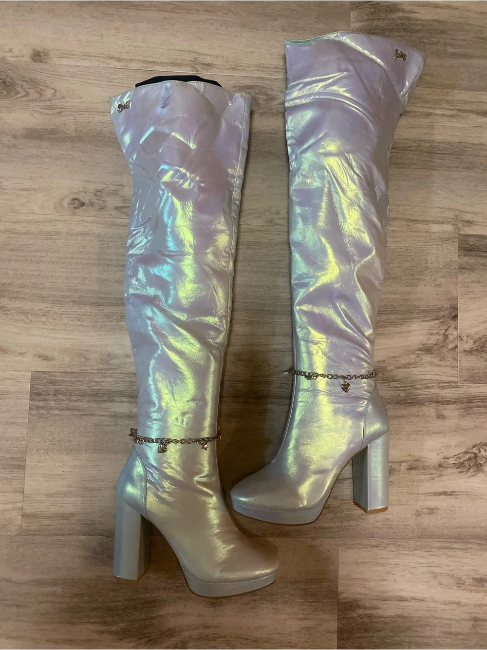 Sparkl Fairy Couture Iridescent Knee-High Platform Boots with Heart Chain- NWT